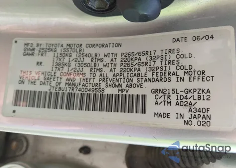 2004 Toyota 4Runner Limited V6 z USA, uszkodzony, nr VIN JTEBU17R740049558